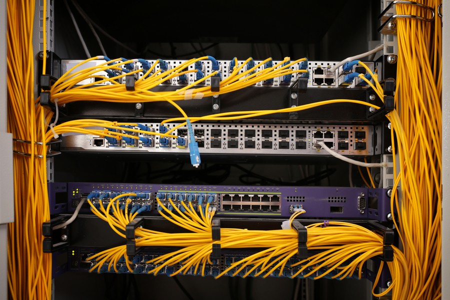 Closeup of a network patch panel.