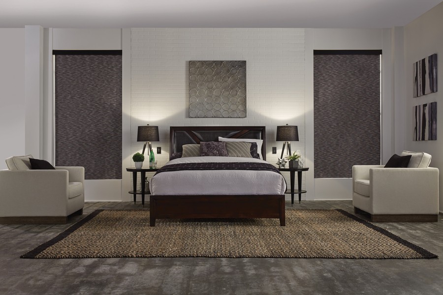 a bedroom with two windows covered with shades.